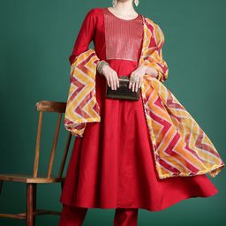 Indo Era Yoke Design Pleated Sequinned Liva Kurta With Trousers & Dupatta-picture-12