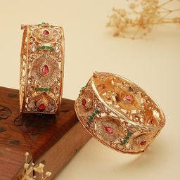 Saraf RS Jewellery Set Of Gold Plated Red & Green AD Studded Petal Motif Openable Bridal Bangles-10