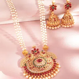 Rubans 24K Gold Plated Handcrafted Red & Green Stone Studded Jewellery Set-17