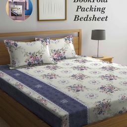 Arrabi Bookfold Off White & Blue Floral 300 TC King Bedsheet With 2 Pillow Covers-image-44