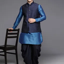 Manu Men Solid Kurta with Dhoti Pants & Self Designed Nehru Jacket image 5