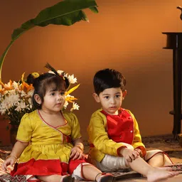 VASTRAMAY Girls Floral Embroidered Angrakha Sequinned Kurta with Dhoti Pants-picture-23