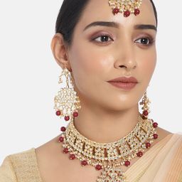 I Jewels Gold-Plated Maroon Kundan-Studded Beaded Jewellery Set-picture-3
