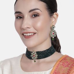 I Jewels Green Gold-Plated Beaded Choker & Earring Jewellery Set-image-8