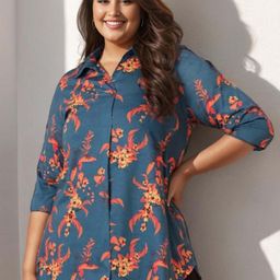 Amydus Plus Size Women Teal Blue & Orange Floral Print Shirt Style Longline Top-picture-17