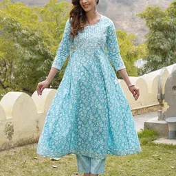 KALINI Floral Printed Regular Mirror Work Pure Cotton Kurta with Trousers & With Dupatta image 2