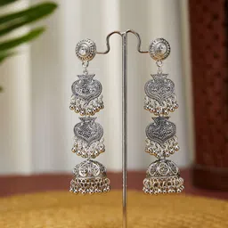 ATIBELLE German Silver Plated & Floral Textured-Layered Dome Shaped Jhumkas-16