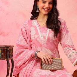Anouk Floral Printed V-Neck Pure Cotton Straight Kurta With Trousers & Dupatta-picture-12