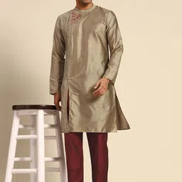Anouk Men Green & Maroon Ethnic Embroidered Angrakha Thread Work Kurta with Trousers-57