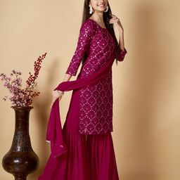 ZARIMO Embroidered Regular Mirror Work Kurta With Sharara & Dupatta image 3