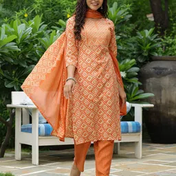 FASHOR Geometric Printed Thread Work Kurta With Trousers & Dupatta image 4