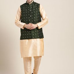 SOJANYA Men Beige & Green Solid Jacquard Kurta with Churidar & Woven Design Nehru Jacket-18