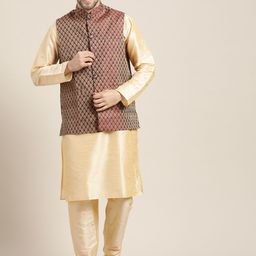 SOJANYA Men Beige & Maroon Solid Jacquard Kurta with Churidar & Woven Design Nehru Jacket-15