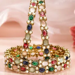 Rubans Set of 4 18K Gold-Plated Multicolour Zirconia & Pearl Beaded Designer Bangles-27