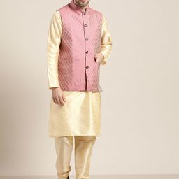 SOJANYA Men Golden & Pink Solid Kurta with Churidar & Woven Design Nehru Jacket-picture-17