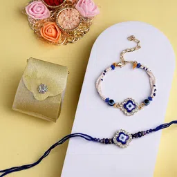 ADIVA Set Of 2 Cubic Zirconia Studded Rakhi With Bag & Pooja Thali Roli Chawal Gift Set-13