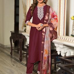 DISHWA FASHION Women Ethnic Motifs Embroidered Kurta & Trousers With Dupatta-image-40