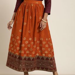 Taavi Women Rust Orange & Yellow Kanchi Woven Design Flared Kora Maxi Skirt-image-72