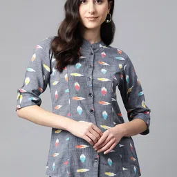 Cottinfab Print Mandarin Collar Roll-Up Sleeves Longline Top-image-38