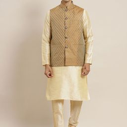 SOJANYA Men Golden Kurta with Churidar & Nehru Jacket-picture-44