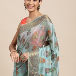 Mitera Blue & Yellow Ethnic Motifs Zari Organza Saree-picture-49