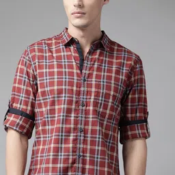 Roadster Men Rust Tartan Checked Pure Cotton Casual Shirt-image-19