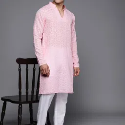 Inddus Men Ethnic Motifs Embroidered Regular Chikankari Kurta With Trousers-image-6