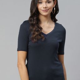 Marks & Spencer Women Navy Blue Cotton V-Neck T-shirt-picture-41