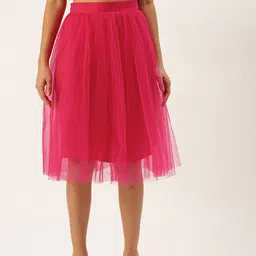 ROVING MODE Women Fuchsia Pink Net Flared Midi Skirt-29