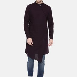 The Indian Garage Co Men Burgundy Solid Asymmetrical Hem Straight Kurta-image-88