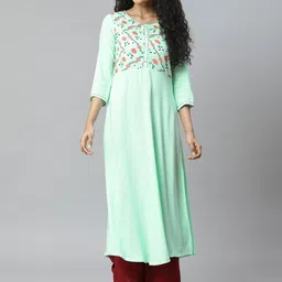 Rangriti Women Sea Green & White Striped A-Line Kurta-picture-36