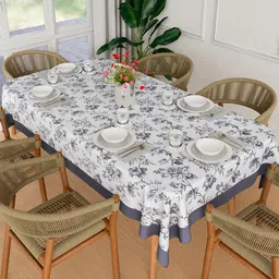 Kuber Industries White & Grey Floral Anti-Skid Cotton 6-Seater Table Cover-89