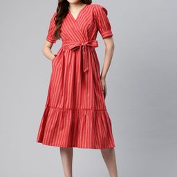 Cottinfab Women Striped Wrap Style Cotton Fit & Flare Dress-7