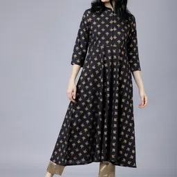 Vishudh Women Black & Gold-Toned Printed A-Line Kurta-image-61