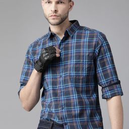 Roadster Men Navy Blue & Mustard Yellow Tartan Checked Pure Cotton Sustainable Casual Shirt-image-56