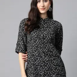 Cottinfab Floral Print Mandarin Collar Cotton Top-image-73