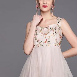 Inddus Cream-Coloured Ethnic Motifs Embroidered Sequined Net Maxi Dress-17