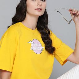 Kook N Keech Women Yellow Printed Round Neck Oversized T-shirt-image-92