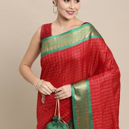 KALINI Red & Sea Green Checked Zari Silk Cotton Saree-40