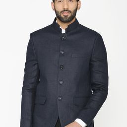 Wintage Men Blue Solid Tailored-Fit Linen Bandhgala Blazer-44