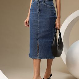 Chemistry Women Denim Pure Cotton Midi Skirt with Slit Detail-34
