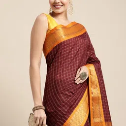 KALINI Maroon & Yellow Checked Zari Silk Cotton Saree-picture-43