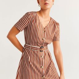 MANGO Women Mustard Brown & White Striped Shift Dress-7