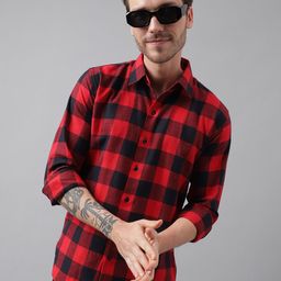 Hancock Men Red & Black Slim Fit Checked Casual Shirt-image-10