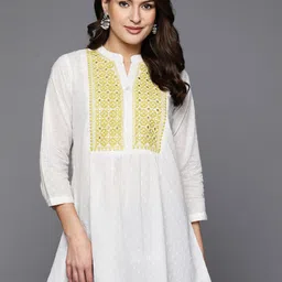 Indo Era Navy Embellished Embroidered Mandarin Collar Cotton Longline Fusion Top-picture-25