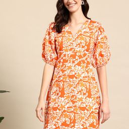 Mast & Harbour Floral Print Puff Sleeves A-Line Dress-image-70