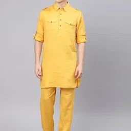 Freehand by The Indian Garage Co Men Mustard Yellow Solid Kurta with Pyjamas-picture-3