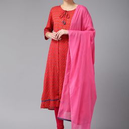 Amirah s Women Red Floral Printed Cotton Kurta With Dupatta-28