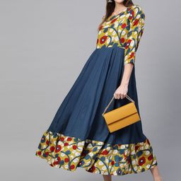 Geroo Jaipur Yellow & Navy Blue Kalamkari Hand Block Printed Rayon Dress-32
