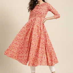 Shae by SASSAFRAS Women Peach-Coloured & Pink Printed Anarkali Kurta-2